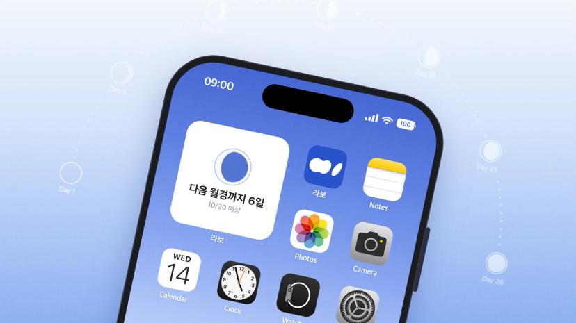 아이폰 홈 화면의 라보 위젯: 다음 월경까지 6일, 10/20 예상